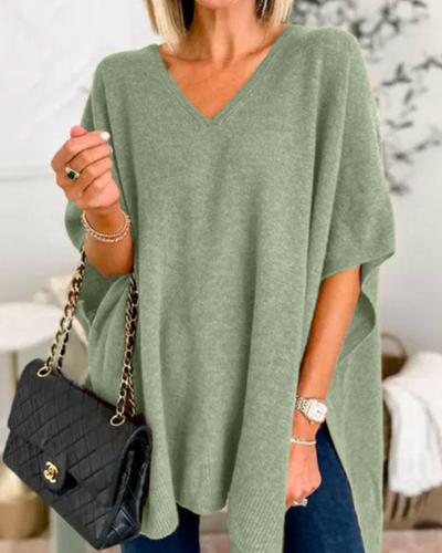Erica - V-Hals Løs Pasform Ensfarvet Poncho Sweater